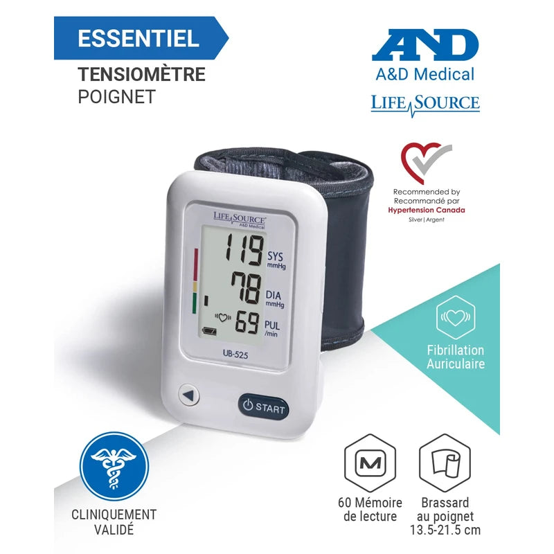 A&D Medical LifeSource ESSENTIAL Wrist Blood Pressure Monitor with AFib Indicator (13.5-21.5 cm/5.3-8.5" Range Cuff) One Click Operation with Easy To Read Precise Illuminated Readings