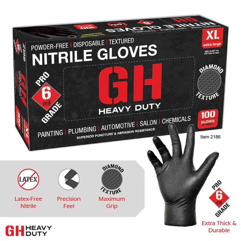 GH Heavy Duty Diamond Textured Nitrile Gloves, All Purpose 6 mil Thick Disposable Gloves, Latex & Powder Free, 100 Pack (Black), Large