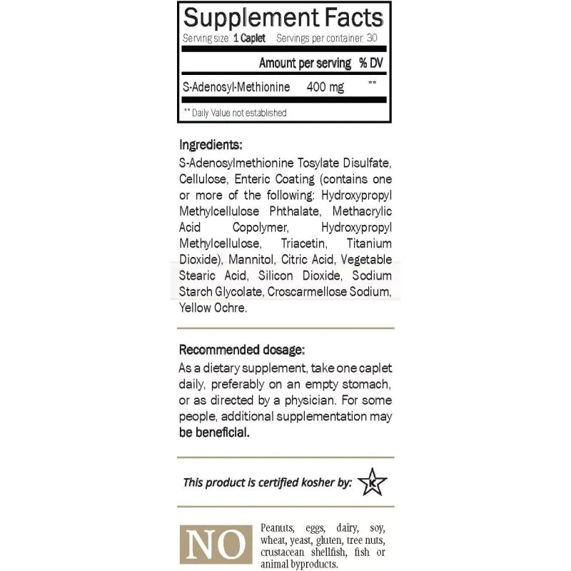 Nature's Trove SAM-e 400mg 30 Enteric Coated Caplets. Vegan, Kosher, Non-GMO
