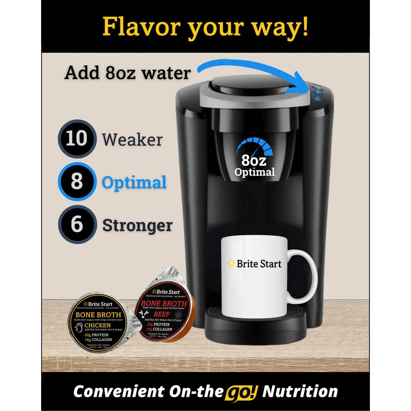 Brite Start Bone Broth - Chicken + Ginger & Turmeric - 4 Count - Keto Friendly Concentrate with 16g Collagen, 20g Paleo Protein - Made from Free Range Chicken Bones - Single Serve Packets