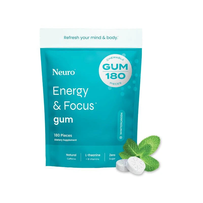 NEW Neuro Energy Caffeine Gum (180 Pieces) - Sugar-Free Nootropic Gum for Energy & Focus with L-theanine, Natural Caffeine, Vitamin B12 & Vitamin B6 - Wintergreen Flavor
