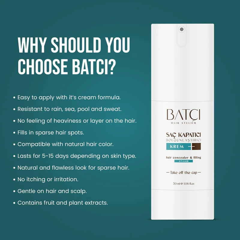 Batcı Hair Concealer & Filling Cream for Bald Spots & Thinning Hair – Waterproof, Sweat-Proof Scalp Coverage – Natural Root Touch-Up Cream for Men & Women – 30ml