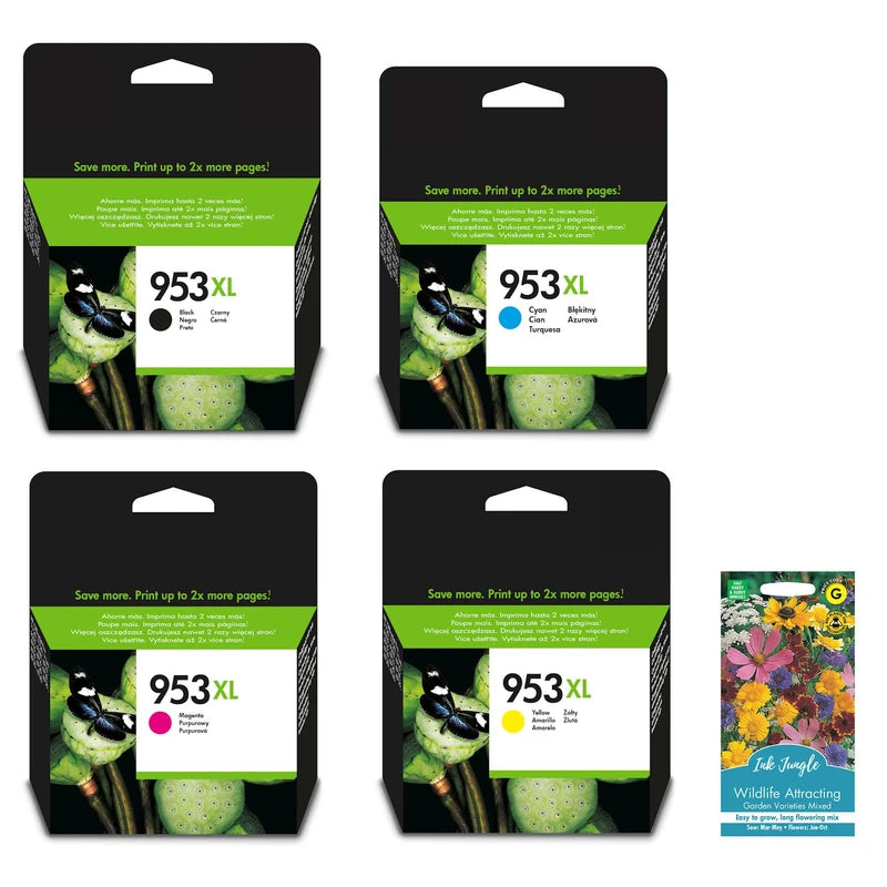 Ink Jungle 953XL Black Cyan Magenta Yellow Ink Cartridge Combo Pack For HP OfficeJet Pro 7740 8210 8218 8710 8715 8716 8720 8725 8730 8740 8211 8717 8721 8728 8731 8711 8718 8719 Printer & Flower Pack