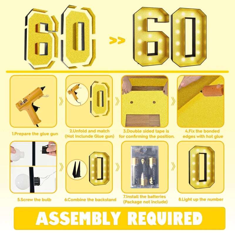 4FT Marquee 60 Numbers, Light Up 60 Glitter Gold Giant Marquee Mosaic Numbers Frame Light Up Numbers for 60th Birthday Party Decorations Mosaic Number 4,DIY Frame Pre-Cut Foam Board Kit