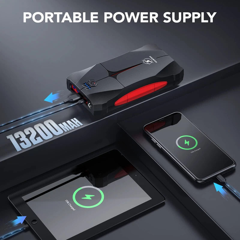 FLYLINKTECH Starthilfe Powerbank, 2000A Spitzstrom 13200mAh Tragbare Auto Starthilfe 12V für 6.0L Benzin und 5.0L Dieselmotor, IP66 Wasserdicht Starter Powerbank mit LED Taschenlampe