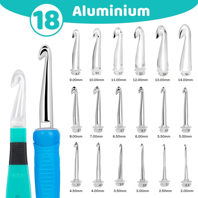 KXK Crochet Hooks Set Digital – Original Ergonomic Counter to Track Rows and Stitches – Crochet Kit with 18 Different Size Interchangeable Crochet Needle with 2 Levels Led