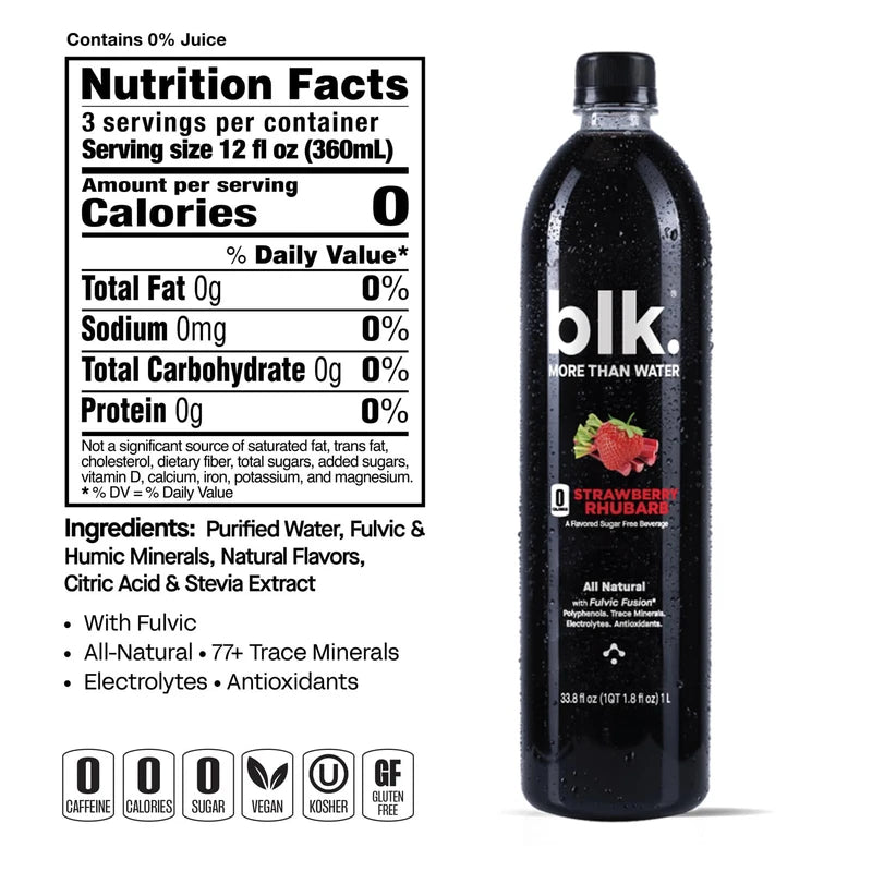 blk. Natural Alkaline Mineral Water Electrolyte Infused with Fulvic and Amino Acids, Zero Sugar Drink, Strawberry Rhubarb Flavored, 1 Liter, Pack of 12