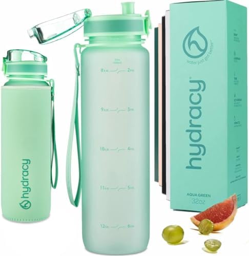 Hydracy Water Bottle with Time Marker -Large BPA Free Water Bottle & No Sweat Sleeve -Leak Proof Gym Bottle with Fruit Infuser Strainer & Times to Drink -Ideal for Fitness Sports & Outdoors