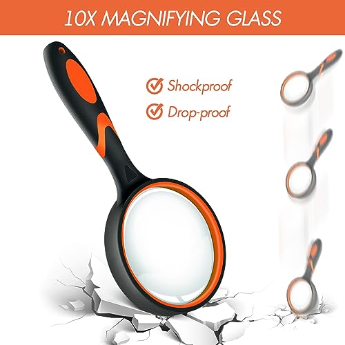 Leffis 4 Pack Magnifying Glass, 10X Non-Slip Handheld Reading Magnifier with Lanyard for Kids and Seniors, 75mm Magnifying Glass Lens for Reading, and Nature Exploration