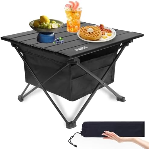 Folding Camping Table, Compact Ultralight Aluminum Design Portable Camping Table with with Storage Basket and Carring Bag for Camping Hiking BBQ Picnic Outdoor Cooking 16" Black