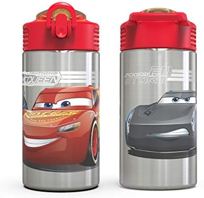 Zak Designs Disney Cars 3 - Stainless Steel Water Bottle with One Hand Operation Action Lid and Built-in Carrying Loop, Kids Water Bottle with Straw Spout is Perfect for Kids (15.5 oz, 18/8, BPA-Free)