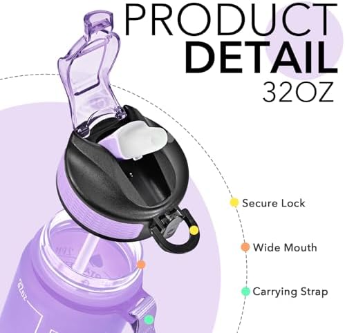 Hyeta 32 oz Water Bottles with Times to Drink and Straw, Motivational Water Bottle with Time Marker, Leakproof, Drinking Sports Water Bottle for Fitness, Gym and Outdoor
