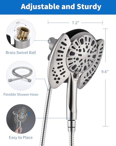 2-in-1 Shower Head With Handheld Combo: 2.5GPM Rainfall & Detachable Use Together or Alone, 9 Spray Settings Hand Held With Hose, Nickel