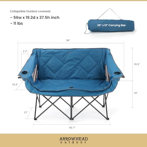 ARROWHEAD OUTDOOR Portable Folding Double Duo Camping Chair Loveseat w/ 2 Cup & Wine Glass Holder, Heavy-Duty Carrying Bag, Padded Seats & Armrests, Supports up to 650lbs, USA-Based Support