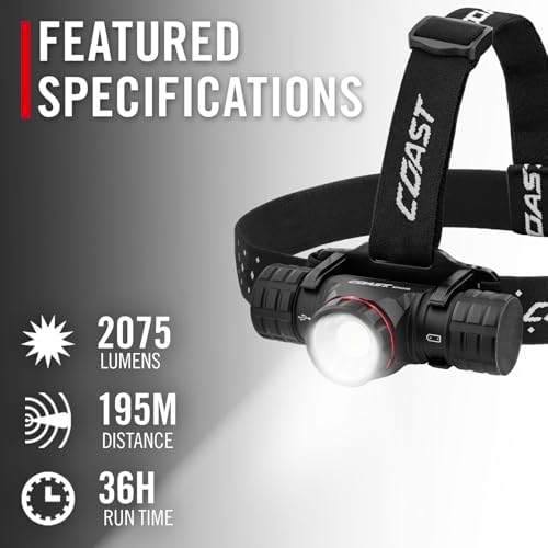 Coast® XPH34R 2075 Lumen USB-C Rechargeable-Dual Power LED Headlamp withPURE Beam® Twist Focus™ and Magnetic Base