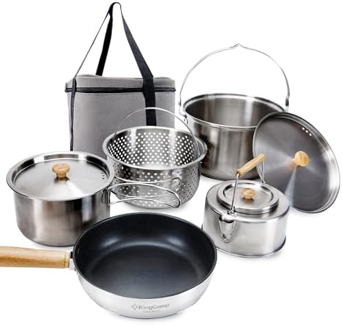 KingCamp Camping Cookware Set 304 Stainless Steel Campfire Cooking Pots Pan and Kettle with Travel Tote Bag for Camping Outdoor Kitchen Cooking Picnic for 4-6