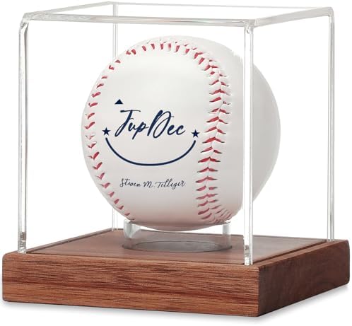 JupDec Baseball Display Case - Clear Cube Baseball Holder with Wooden Base, Autograph Stand Box for Single Ball, Acacia Wood, Brown, 1 Pack