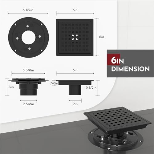 6 Inch Square Shower Floor Drain with Flange,Quadrato Pattern Grate Removable,Food-Grade SUS 304 Stainless Steel,Watermark&CUPC Certified,Matte Black