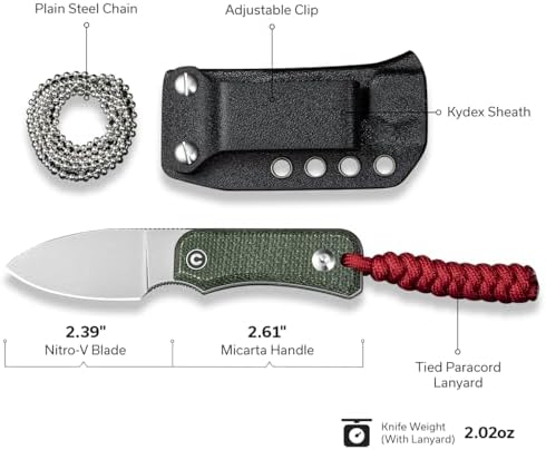 CIVIVI Edc Fixed Blade Knife with Kydex Sheath & Clip, 2.39" Nitro-V Blade Small Baby Banter Camping Hiking Knife Designed by Ben Petersen, Lanyard and Chain Included C23045-2 (Green)