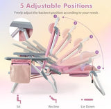 Giantex Folding Beach Chair, Patio Sling Chairs with 5 Adjustable Position, Head Pillow, Storage Bag, Towel Bar, Cup Holders, Backpack Chairs for Sunbathing, Camping Chair