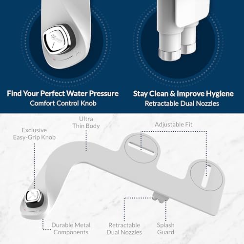 Bio Bidet SlimEdge Bidet Attachment for Toilet, Non Electric, Self Cleaning Dual Nozzles for Front and Rear Cold Water Wash, Adjustable Water Pressure, Ultra Thin Design, White
