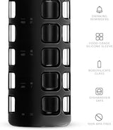 purifyou 40/32 / 22/12 oz Glass Water Bottles with Volume & Times to Drink, Extra Thick Silicone Sleeve, Reusable Bottle for Fridge Water, Milk, Juice (32oz Jet Black)
