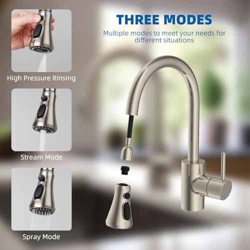 Hibbent Pull Down Kitchen Faucet Head Replacement, 3-Function Kitchen Faucet Head Sink Spray Nozzle with 15 Adapters Compatible with Moen, American Standard, Delta, Kohler Faucets, Brushed Nickel