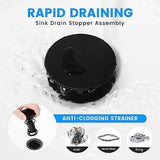 Bathroom Sink Drain with Overflow, Universal Bathroom Sink Stopper for Bathroom Vanity Vessel Sink, Rapid Draining Plastic Pop-up Sink Drain with Hair Catcher Anti-Clog Strainer, 2 Pack, Matte Black