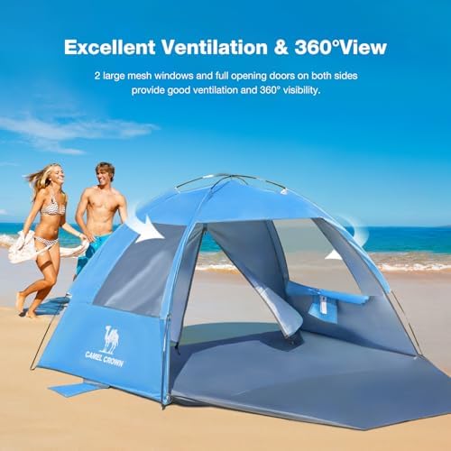 CAMEL CROWN Beach Tent UPF 50+ Sun Shelter for 2/3/5/6 Person, Lightweight Portable Sun Shade with Sand Anchor, Family Beach Day & Outdoor Adventures