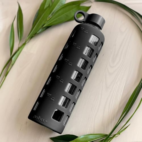 purifyou 40/32/22/12 oz Borosilicate Glass Water Bottles with Volume Markers, Silicone Sleeve, Stainless Steel Lid, Reusable Bottle for Water, Juice, Gym, and Fridge Storage (40oz Jet Black)