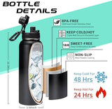 Vacuum Insulated Water Bottle 40oz - w/Straw Lid & Spout Lid, Carrier Bag, Paracord Handle, Bottle Boot, Stainless Steel Water Bottle for Adults, Wide Mouth Thermo Bottle Flask Cold-48H Hot-24H