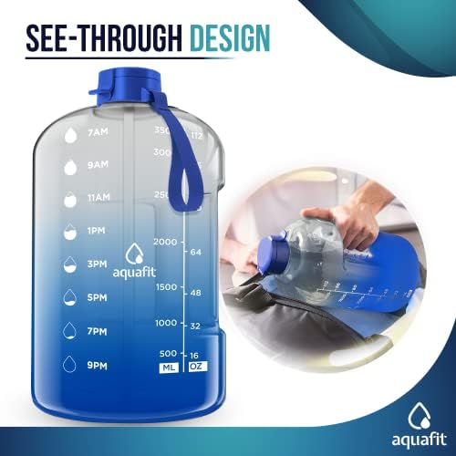 AQUAFIT 1 Gallon Water Bottle With Times To Drink - 128 oz Water Bottle With Straw - Motivational Large Sports Water Bottle With Time Marker - Gym Water Jug