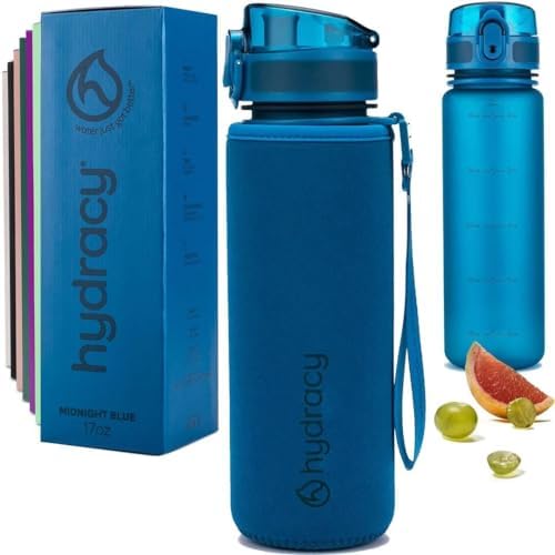 Hydracy Water Bottle with Time Marker -Large BPA Free Water Bottle & No Sweat Sleeve -Leak Proof Gym Bottle with Fruit Infuser Strainer & Times to Drink -Ideal for Fitness Sports & Outdoors