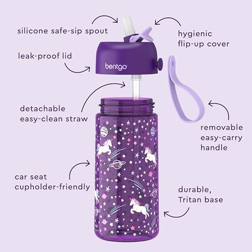 Bentgo Kids Water Bottle - Leak-Proof, Durable Tritan, BPA-Free 15 oz. Cup for Kids/Toddlers Ages 3+, Safe Sip Spout, Carrying Handle, & Dishwasher Safe for School, Sports, Daycare & Camp (Unicorn)