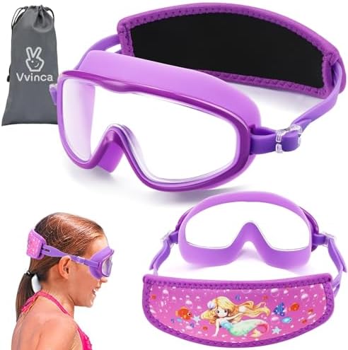 Vvinca Kids Swim Goggles for Age 2-8, Toddler-Goggles with Fabric Strap No Leak Pain-Free, Anti-Fog Goggles for Girls Boys