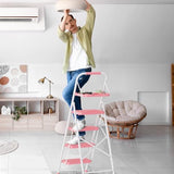 BONTEC 4-Step Ladder, 400lbs Max Load, Folding Step Stool with Tool Tray, Anti-Slip Pedals, Sturdy Steel, Lightweight Portable Ladder with Handrail for Home & Work Use, Pink