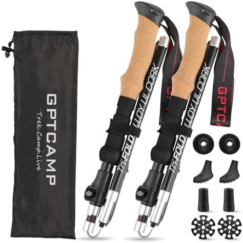 GPTCAMP Nordic Walking Stick, TPZ-1, 2pc Folding Collapsible Hiking Poles with Metal Quick Lock, Cork Handle, Lightweight 7075 Aluminum Trekking Poles for Seniors Women Men Hiking Gear