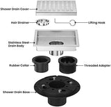 EXF 6 Inch Square Shower Drain Brushed Nickel, Stainless Steel Shower Floor Drain Kit with ABS Flange, Removable Grid Cover, Hair Strainer