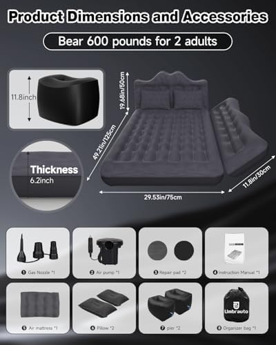 Umbrauto Inflatable Car Mattress Bed: SUV Camping Air Mattress for Truck Backseat with Pump & Pillows, Blow Up Car Sleeping Mattress for Van Back Seat
