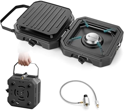 Gonex 2 Burner Propane Camping Stove with Griddle & Grates, Portable Foldable Cooking Stove with Total 16,000 BTU, Two Piezo Ignition Adjustable Burners for Camping, Patio, Emergency, Hiking (Black)