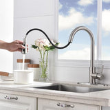 Kitchen Faucets with Pull Down Sprayer, Brushed Nickel High Arc RV Laundry Bar Commercial Sink Faucet, 1 or 3 Hole Stainless Steel Single Handle Faucets for Kitchen Sink with Deck Plate