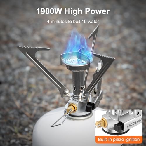 Odoland Camping Pots with Heat Exchanger Camping Cooking Set with Portable Camping Stove Camping Mess Kit Include Mug, Folding Utensil Set, Canister Stabilizer for Backpacking Outdoor Hiking & Picnic