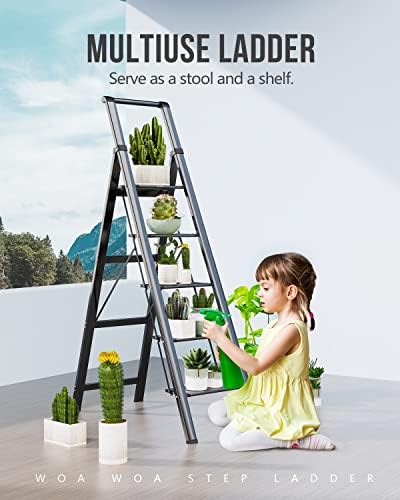 WOA WOA 5 Step Ladder, Ladders for Home, Anti-Slip Pedals, Aluminum Step Stool Foldable, Lightweight to Move, Ease of Storage, Reach 10ft for Closet Kitchen Library, Hold 300lbs - Black