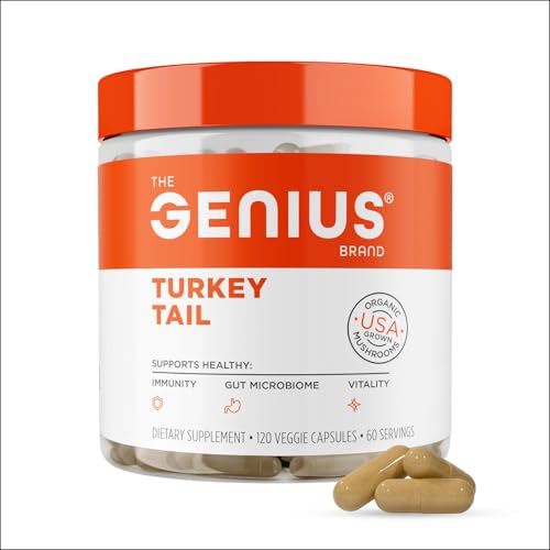 The Genius Brand Genius Turkey Tail - Plant-Based Supplement for Immune, Gut & Antioxidant Support - Organic & Non-GMO - 120 Veggie Capsules