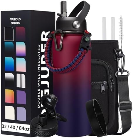 40OZ Stainless-steel Water-Bottle with Straw - Pop-up Spout & Straw Lids, Survival Paracord Handle, Storage Sleeve & Cup Mat, Leak Proof Reusable Insulated Men Women Water Jug for Gym Workout