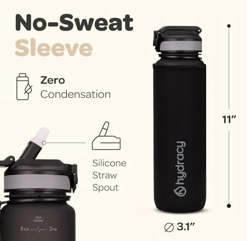 Hydracy Water Bottle with Time Marker -Large BPA Free Water Bottle & No Sweat Sleeve -Leak Proof Gym Bottle with Fruit Infuser Strainer & Times to Drink -Ideal for Fitness Sports & Outdoors