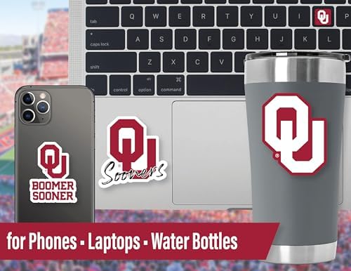 Oklahoma Sooners Stickers (14 Piece) University of Oklahoma Gifts for Men Football Fans for Car Laptop Water Bottle + 2 Large Car Decals, 10 Water Bottle Size, 2 Keyboard Size