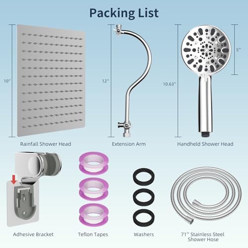 Hibbent All Metal Shower Head, 10'' High Pressure Rainfall Shower Head/Handheld Showerhead Combo with 12'' Adjustable Curved Shower Extension Arm, 7 Sprays, 71'' Shower Hose, Showerhead Holder, Chrome