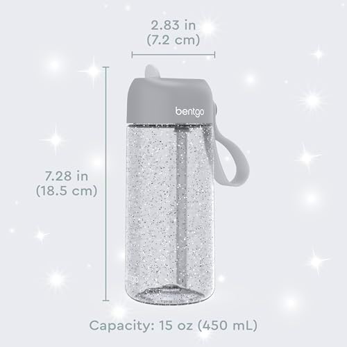 Bentgo Kids Water Bottle - Leak-Proof, Durable Tritan, BPA-Free 15 oz. Cup for Kids/Toddlers Ages 3+, Safe Sip Spout, Carrying Handle, & Dishwasher Safe for School (Glitter Edition - Silver)
