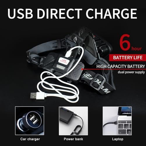 DARKBEAM COB Floodlight Headlamp USB Rechargeable with Red Light, 2000 Lumen LED Headlight - Car Maintenance and Night Construction 6-10 Hours Long Battery Life